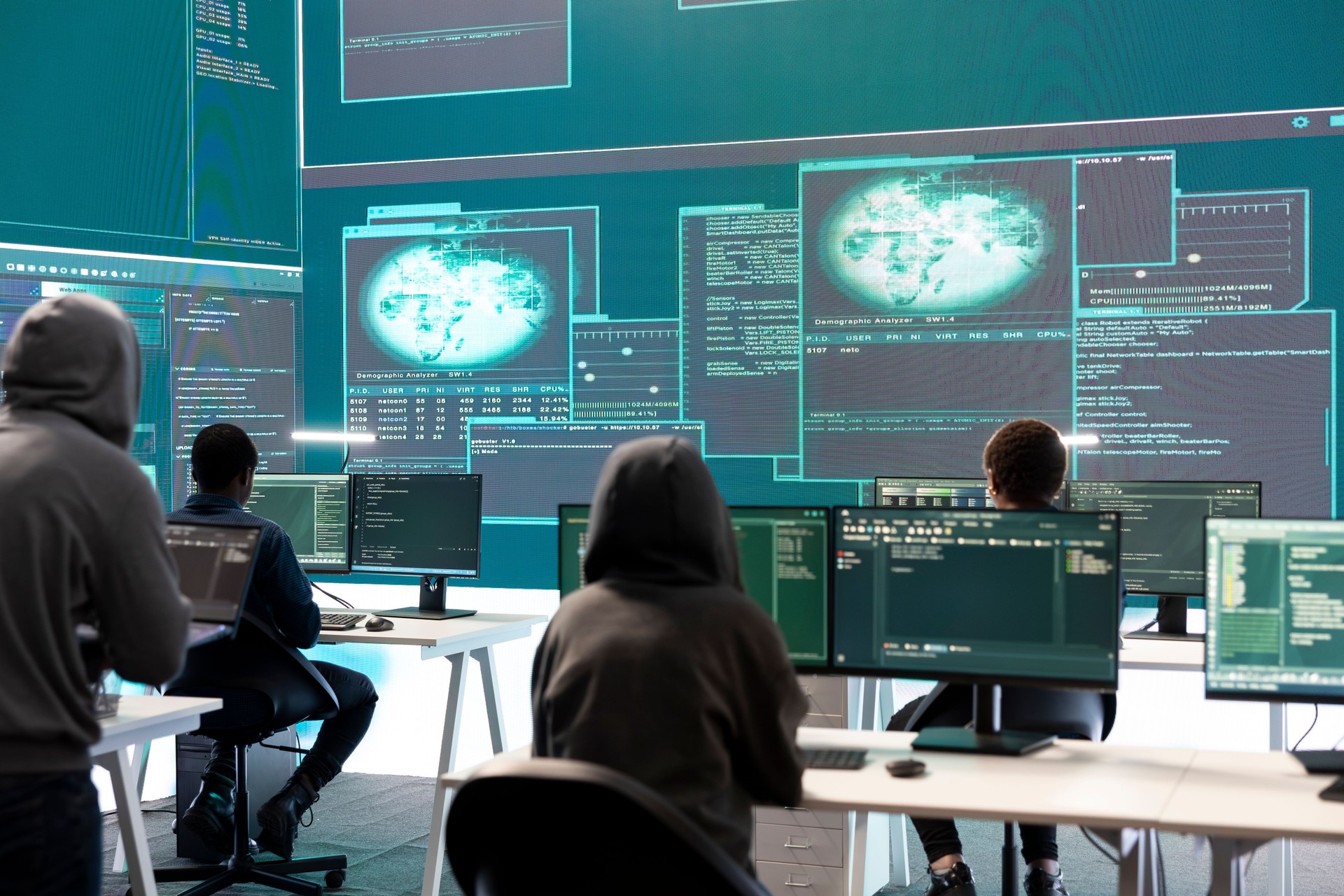 Cyber defense expert examining data on a big screen in governmental agency