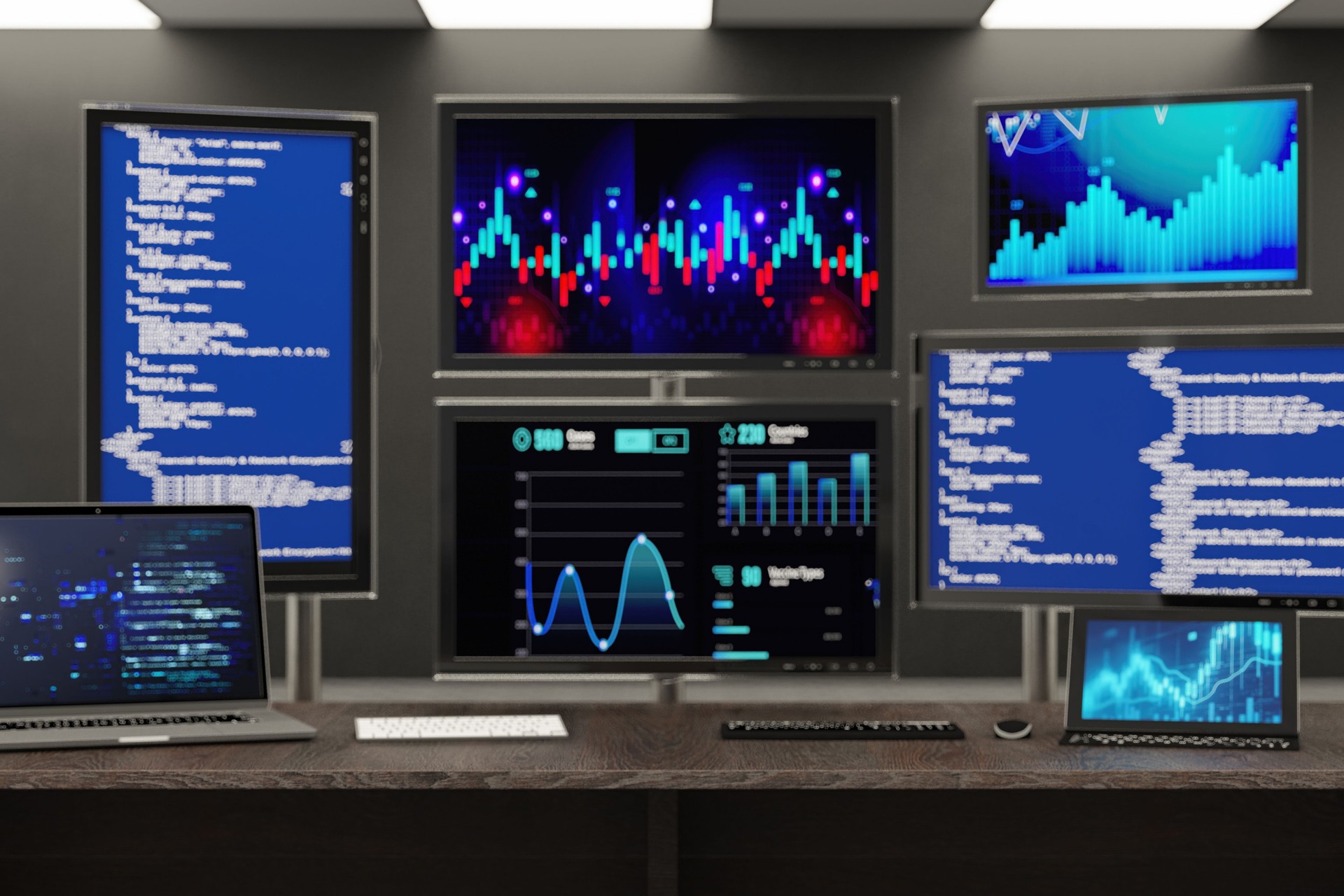 Multiple Monitors Showing Code and Data Visualizations