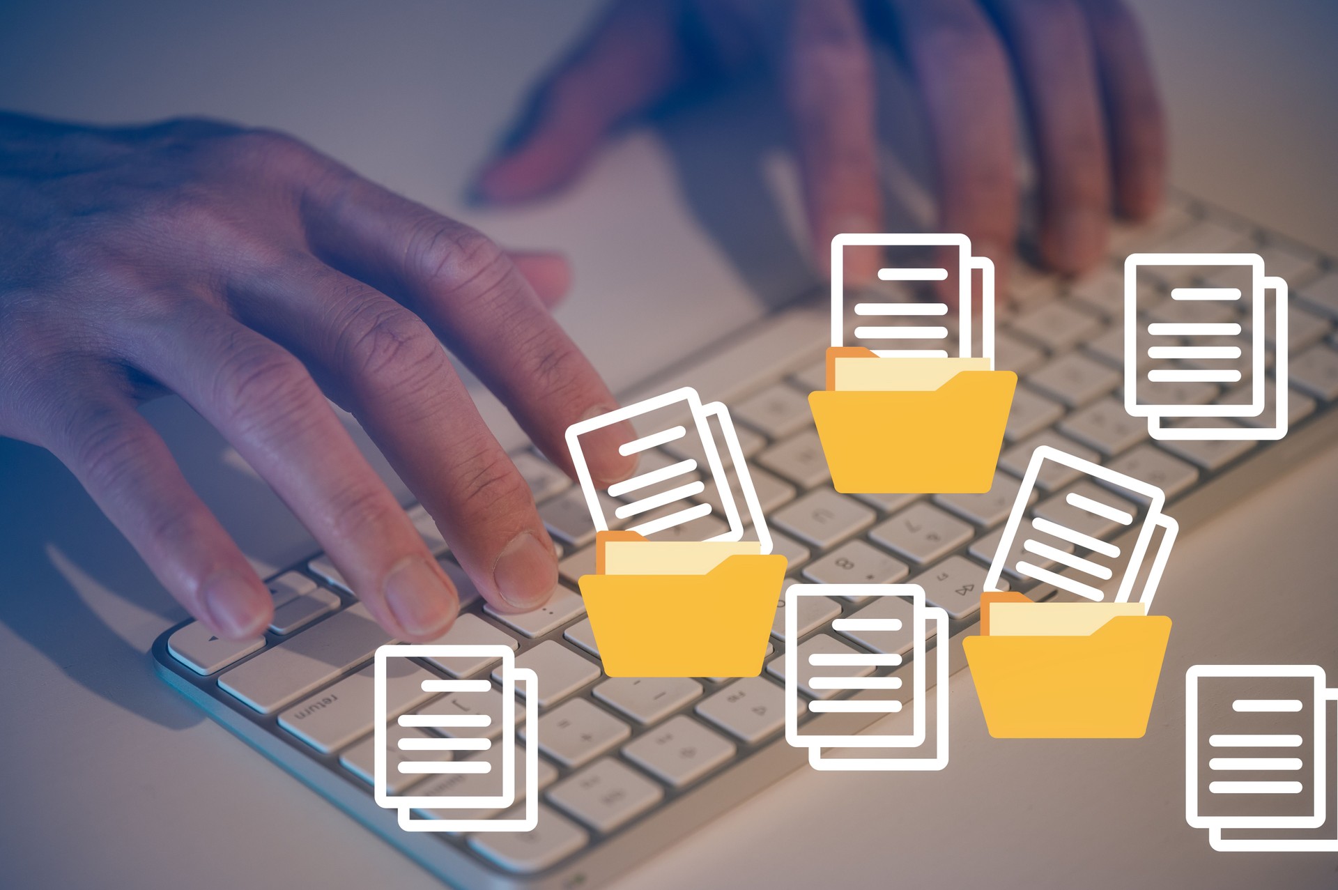 businessman typing on keyboard with virtual document data icon in Document data system Report HR technology Concept, data analysis, research and development, stock market financial investment plan